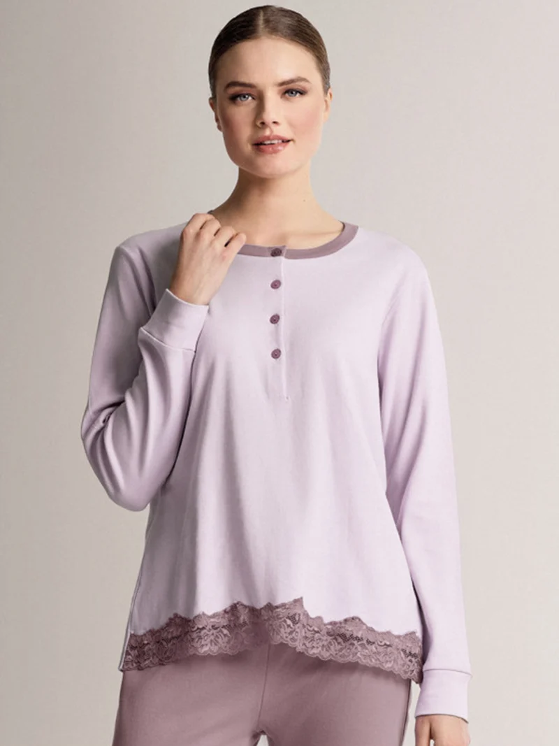 AUDREY Pigiama donna in cotone interlock con dettagli in pizzo - lilla
