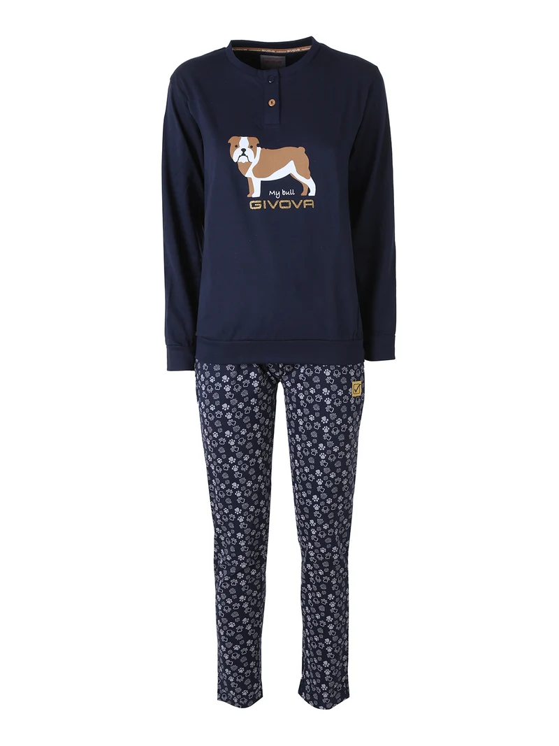 Pigiama lungo da donna in caldo cotone soft con stampa disegni - blu scuro