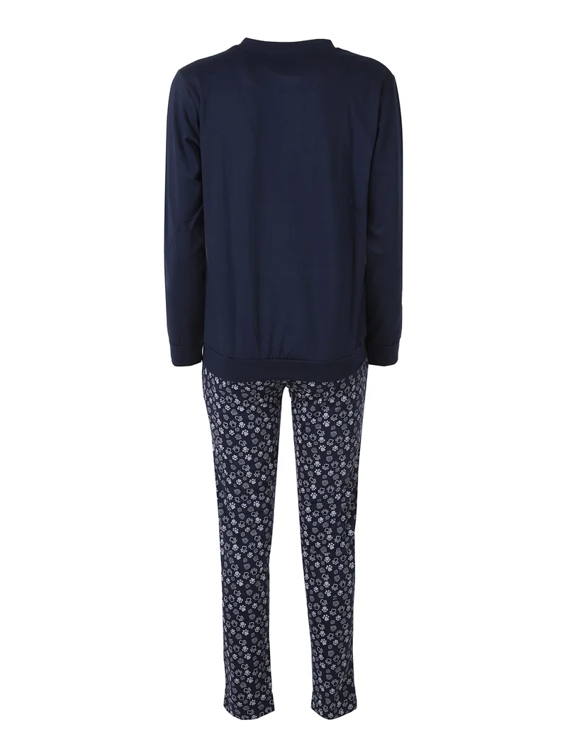Pigiama lungo da donna in caldo cotone soft con stampa disegni - blu scuro