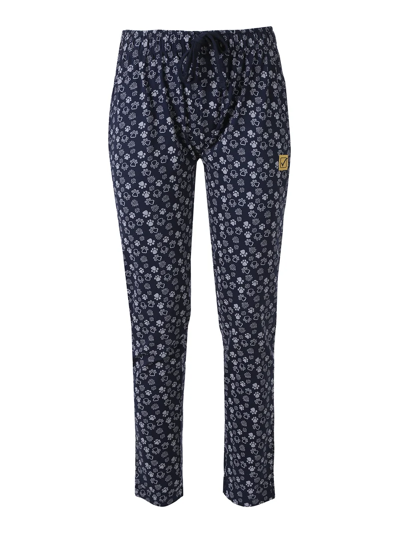 Pigiama lungo da donna in caldo cotone soft con stampa disegni - blu scuro