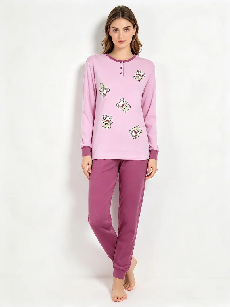 Pigiama donna in caldo cotone con stampa orsacchiotti - rosa