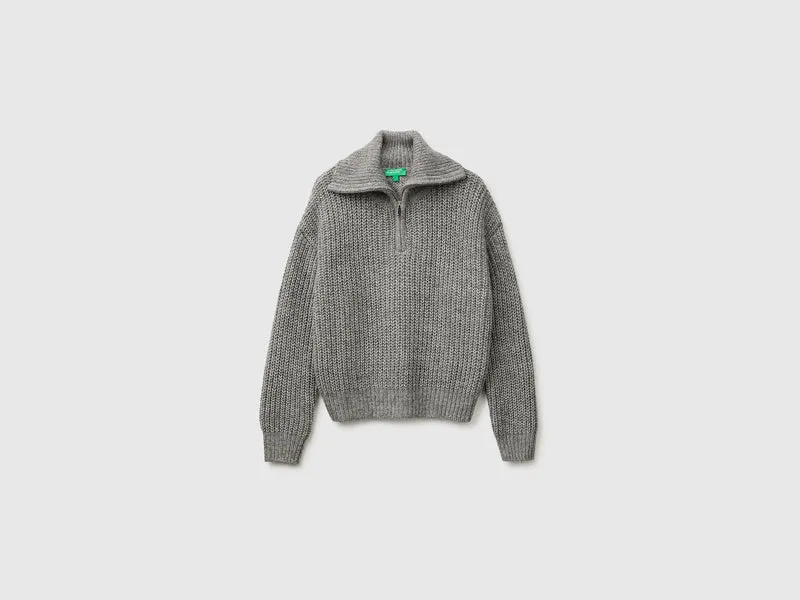 Mélange-Pullover mit Stehkragen und halbem Reißverschluss