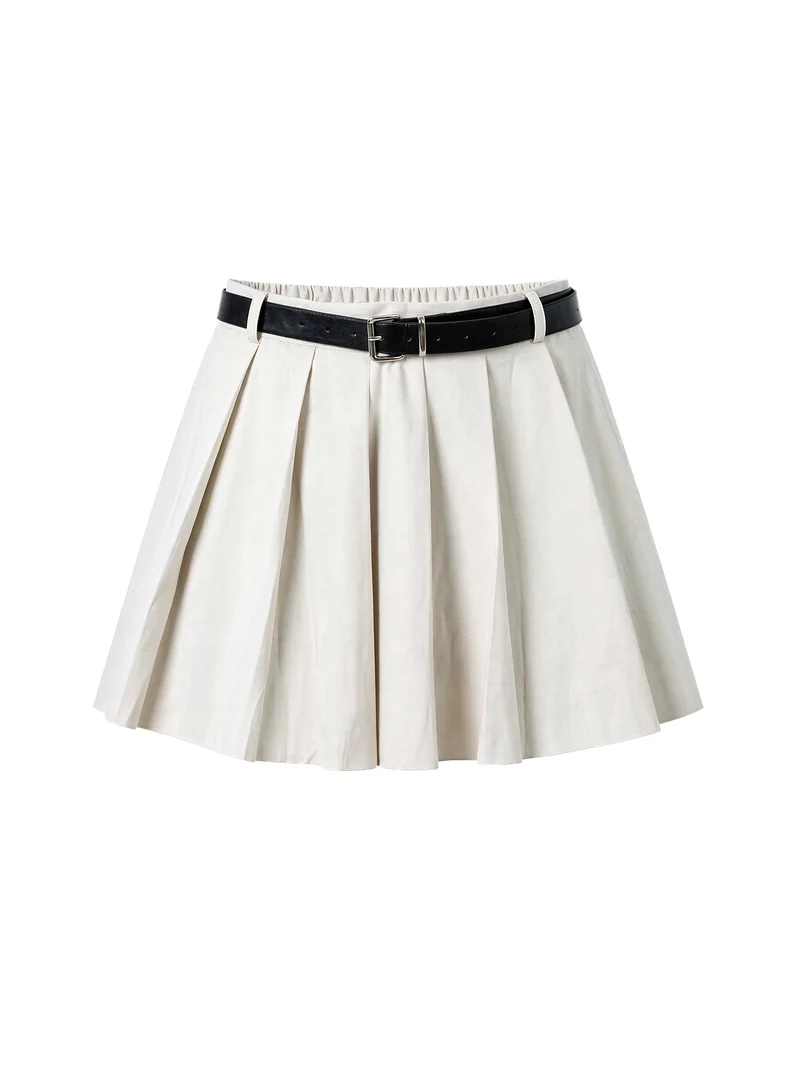 Gonna a pantalone da donna con pieghe e cintura - beige