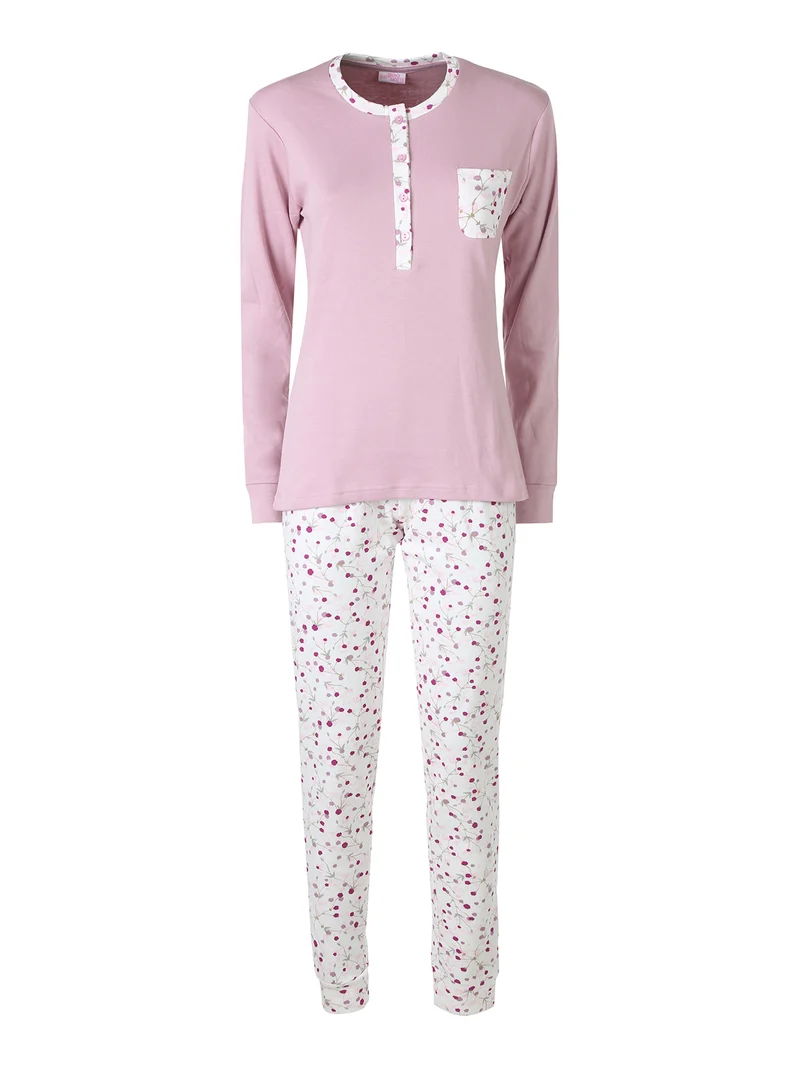 Pigiama lungo da donna in cotone con taschino e pantaloni floreali - rosa