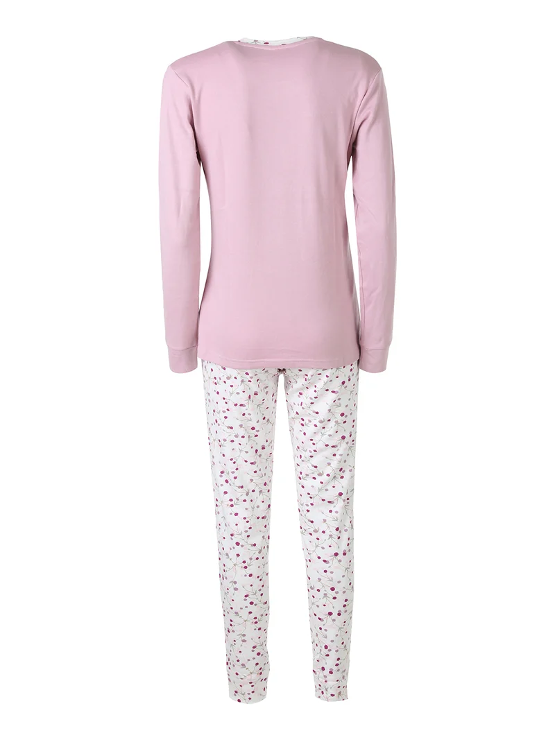 Pigiama lungo da donna in cotone con taschino e pantaloni floreali - rosa