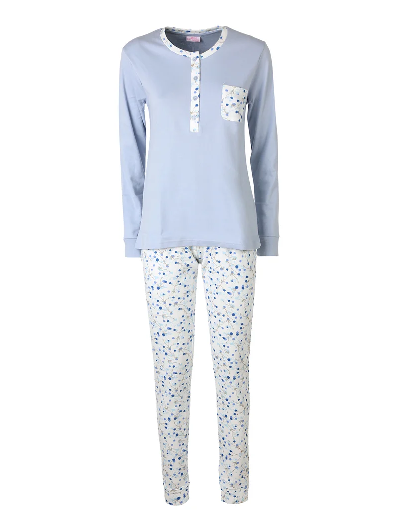 Pigiama lungo da donna in cotone con taschino e pantaloni floreali - azzurro