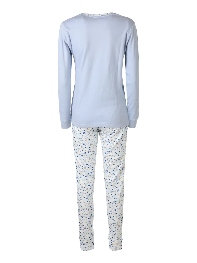 Pigiama lungo da donna in cotone con taschino e pantaloni floreali - azzurro