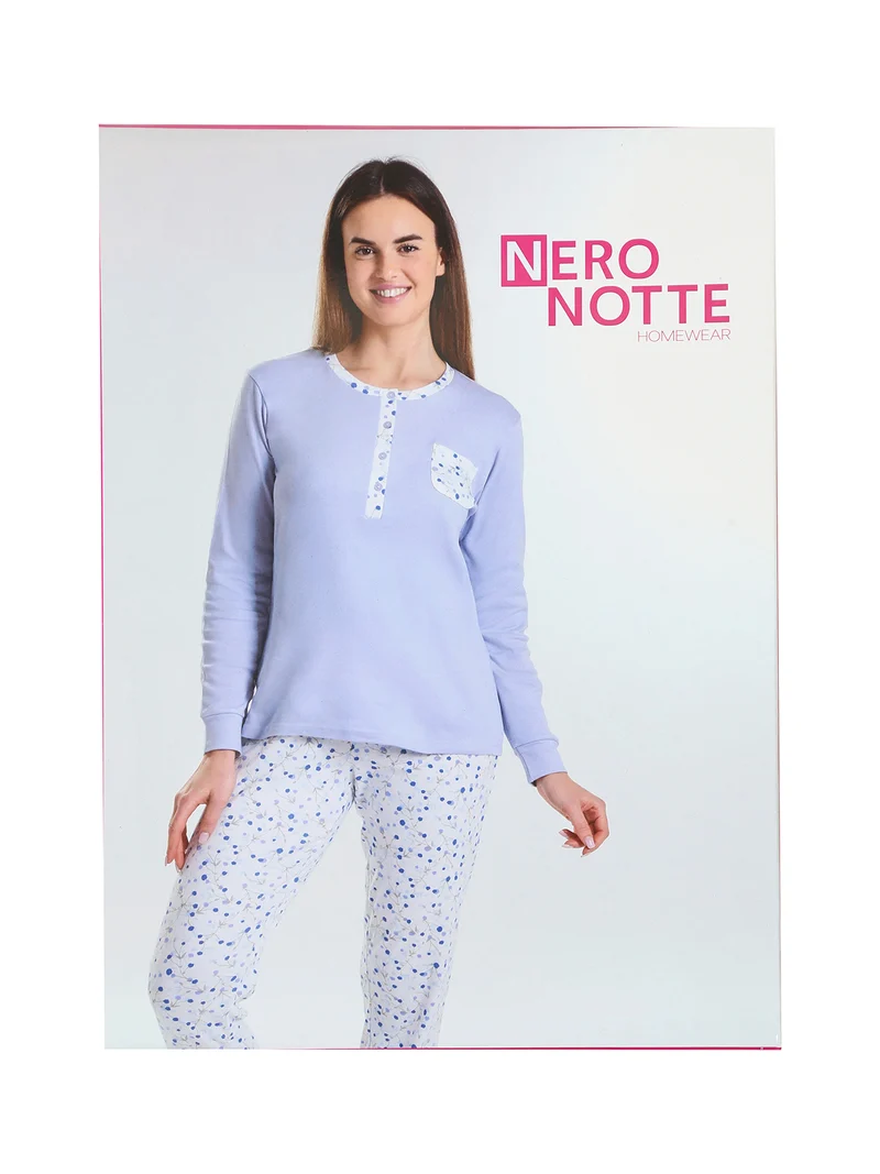Pigiama lungo da donna in cotone con taschino e pantaloni floreali - azzurro