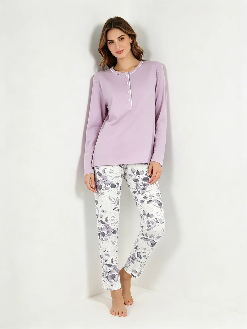 Pigiama lungo donna in cotone con pantaloni a stampa floreale - lilla