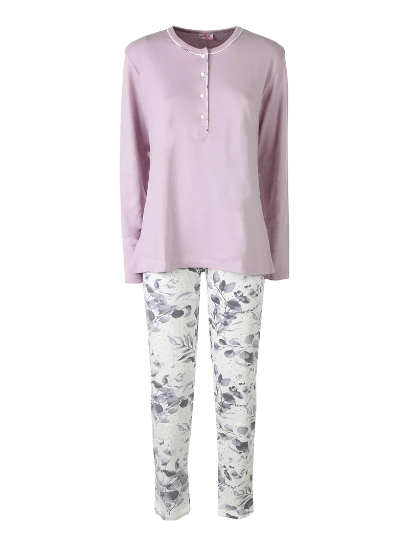 Pigiama lungo donna in cotone con pantaloni a stampa floreale - lilla