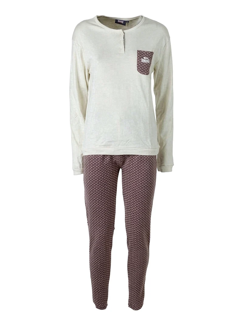 Pigiama lungo da donna in cotone con taschino e pantaloni stampati - naturale