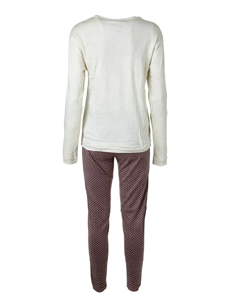 Pigiama lungo da donna in cotone con taschino e pantaloni stampati - naturale