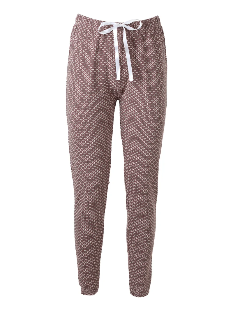 Pigiama lungo da donna in cotone con taschino e pantaloni stampati - naturale