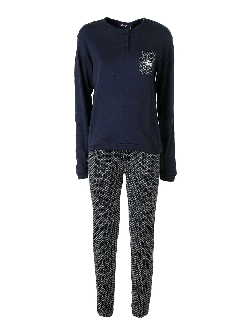 Pigiama lungo da donna in cotone con taschino e pantaloni stampati - blu scuro