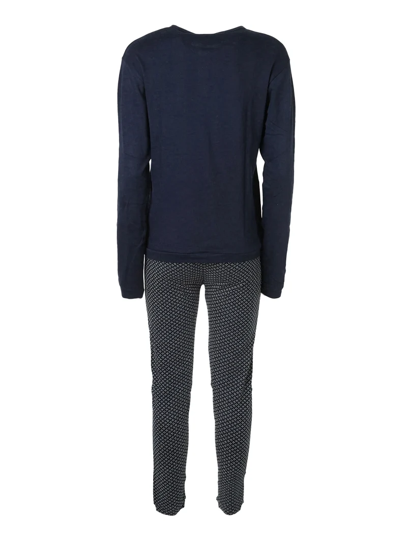 Pigiama lungo da donna in cotone con taschino e pantaloni stampati - blu scuro