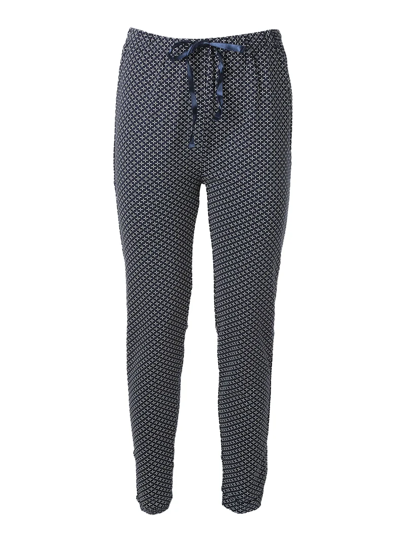 Pigiama lungo da donna in cotone con taschino e pantaloni stampati - blu scuro