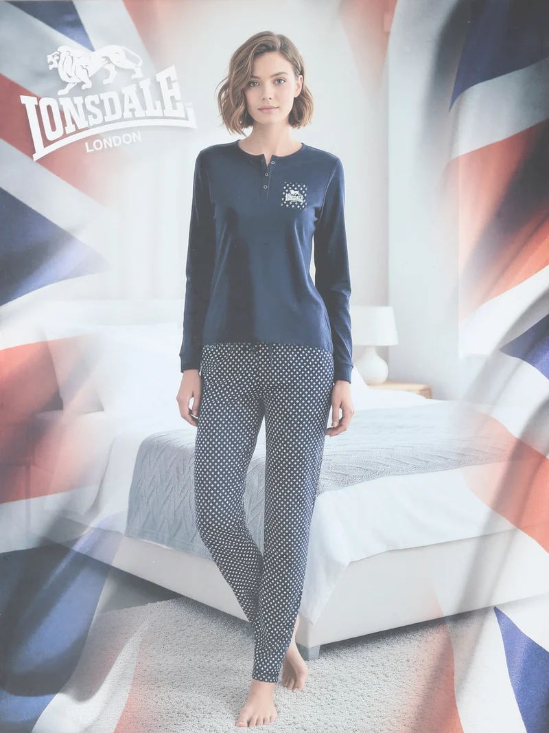 Pigiama lungo da donna in cotone con taschino e pantaloni stampati - blu scuro