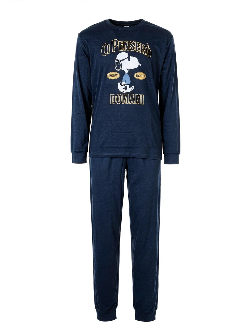 Pigiama lungo da uomo in cotone interlock - blu scuro