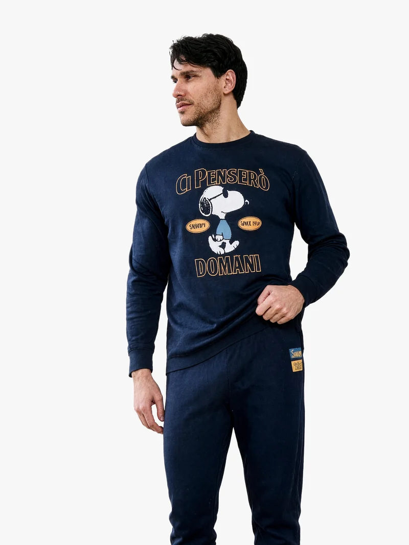 Pigiama lungo da uomo in cotone interlock - blu scuro