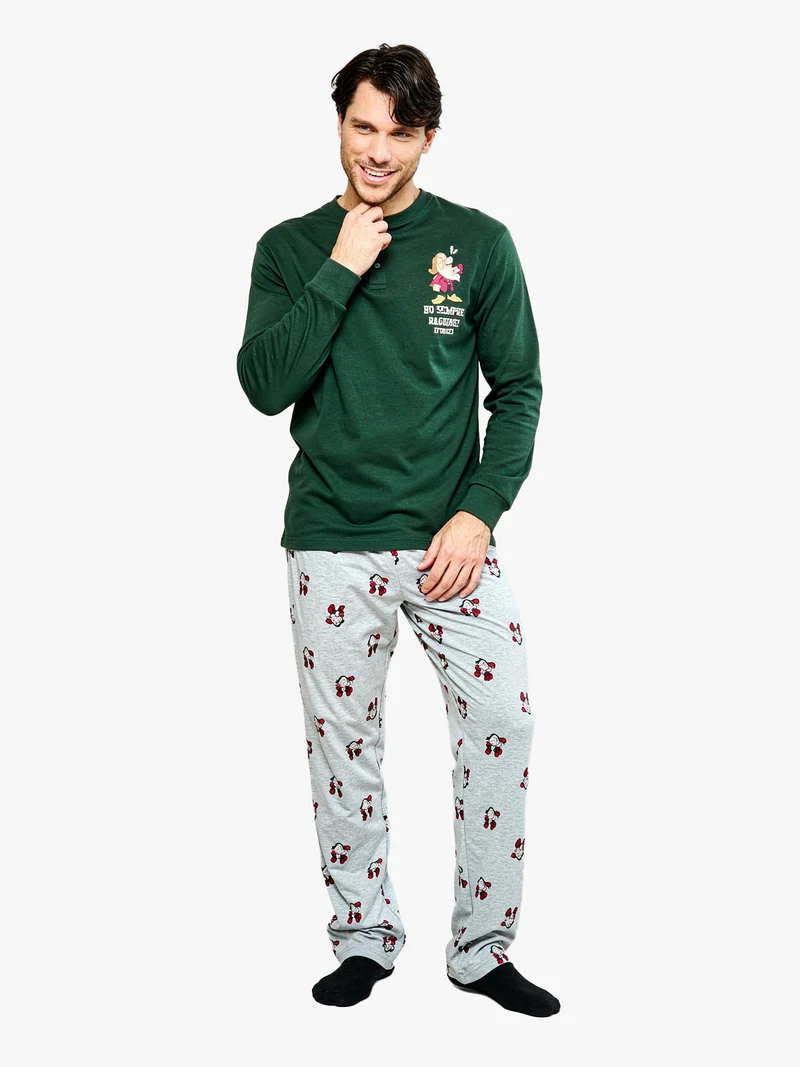 Pigiama lungo da uomo in cotone interlock con stampe - verde