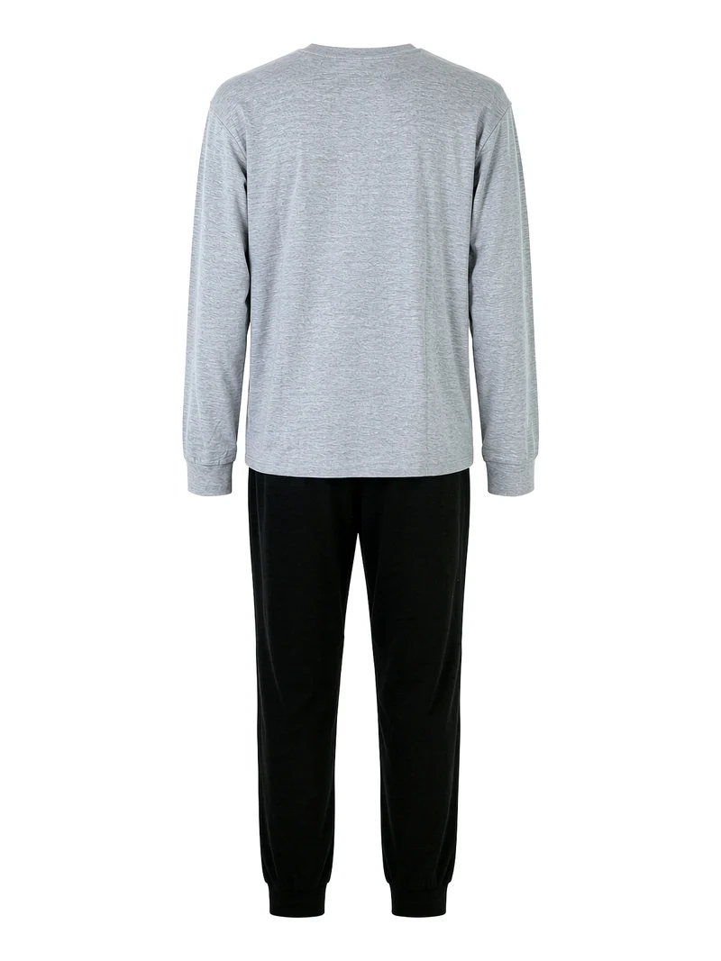 Pigiama lungo da uomo in cotone interlock con stampe - grigio