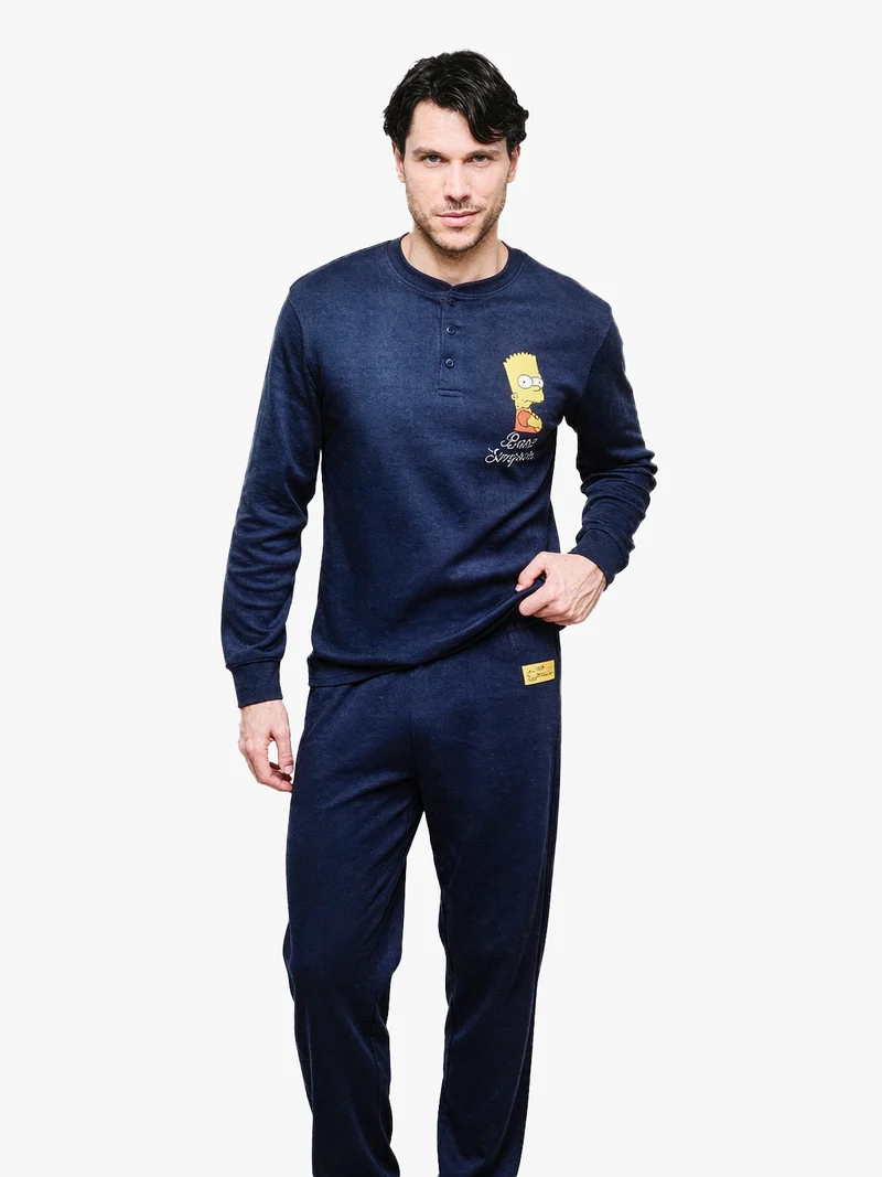 Pigiama lungo da uomo in cotone interlock - blu scuro