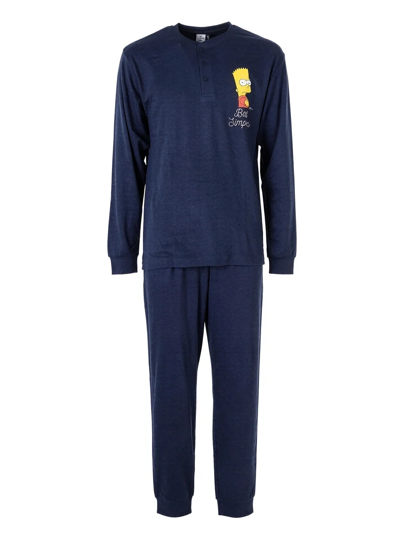 Pigiama lungo da uomo in cotone interlock - blu scuro