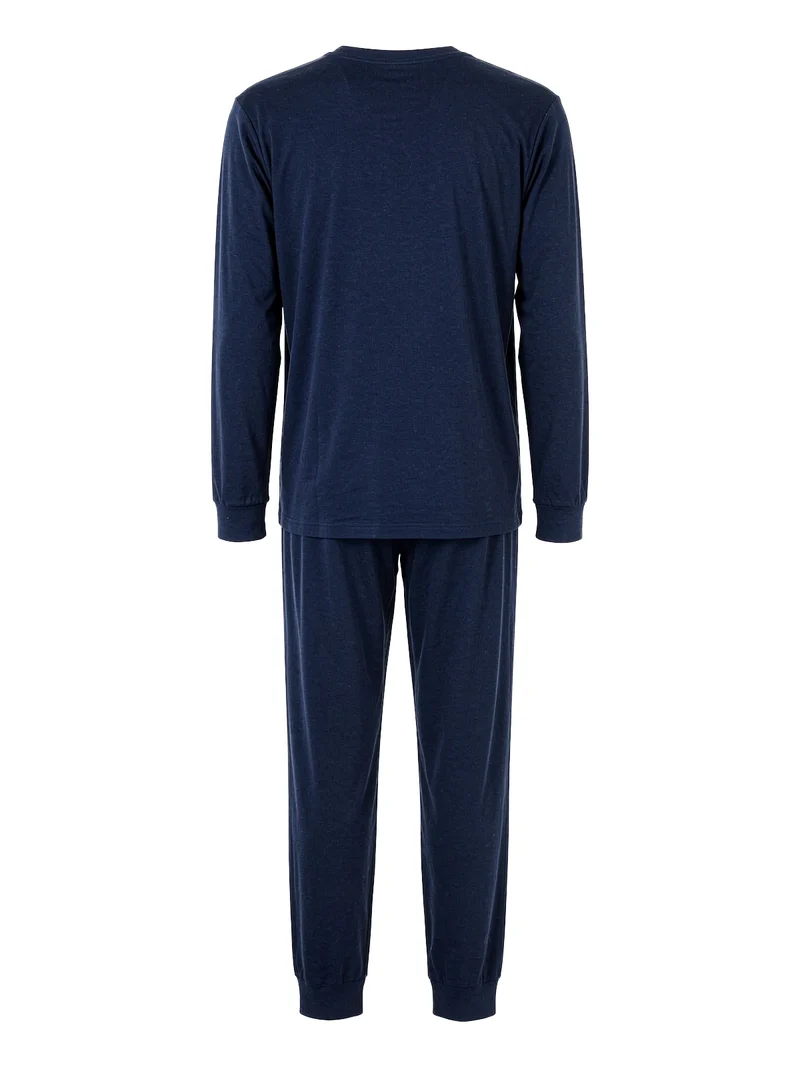 Pigiama lungo da uomo in cotone interlock - blu scuro