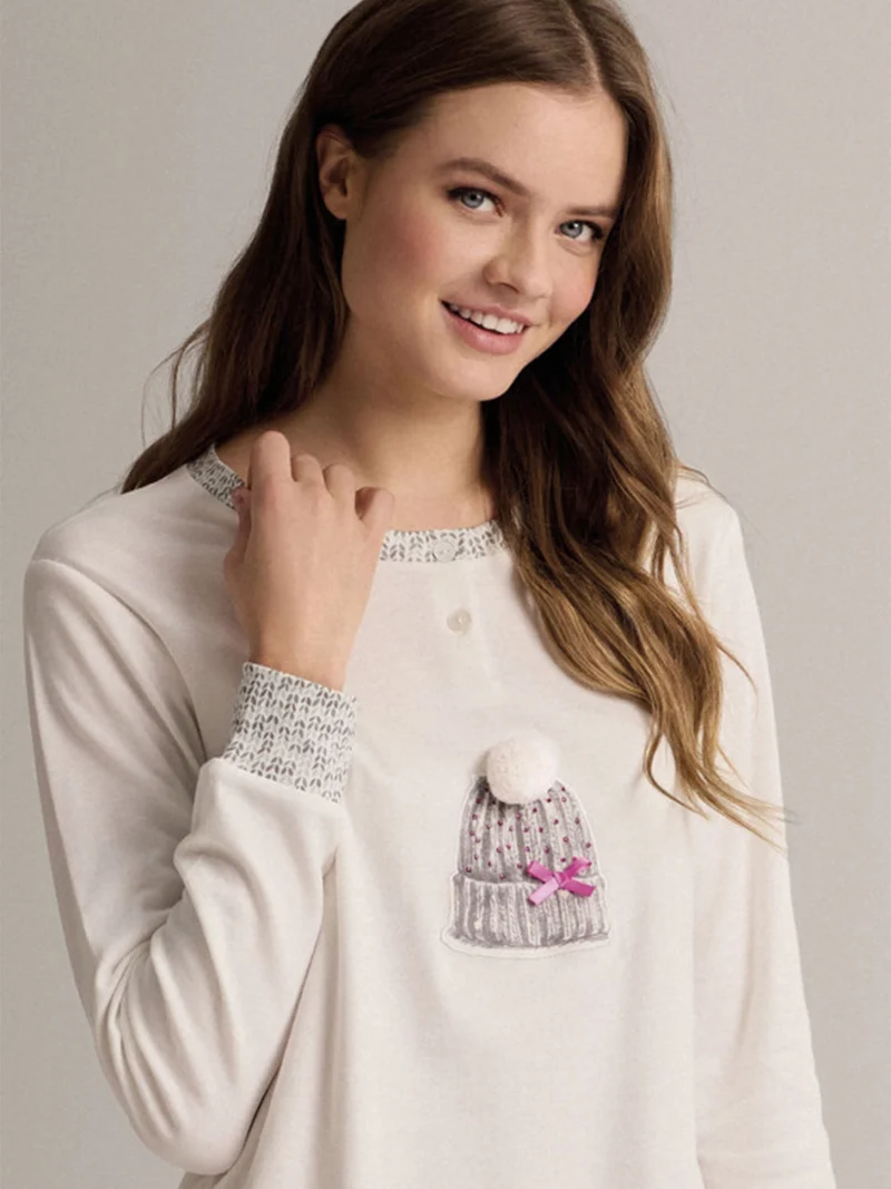 BEANIE Camicia da notte a maniche lunghe da donna in cotone interlock - panna