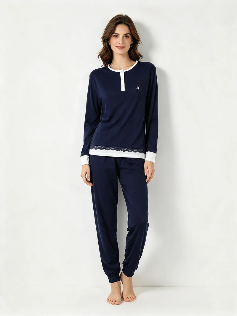 Pigiama lungo da donna in cotone con dettaglio di pizzo - blu scuro