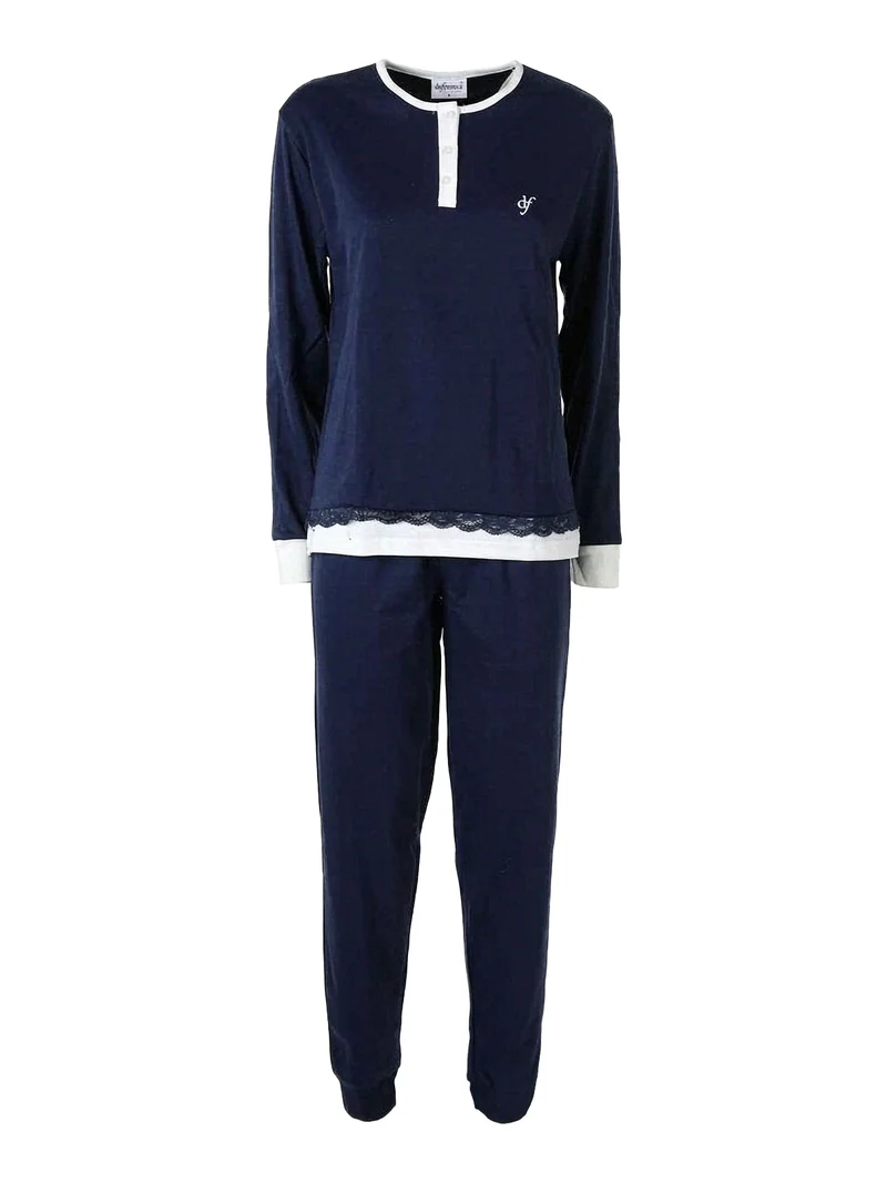 Pigiama lungo da donna in cotone con dettaglio di pizzo - blu scuro