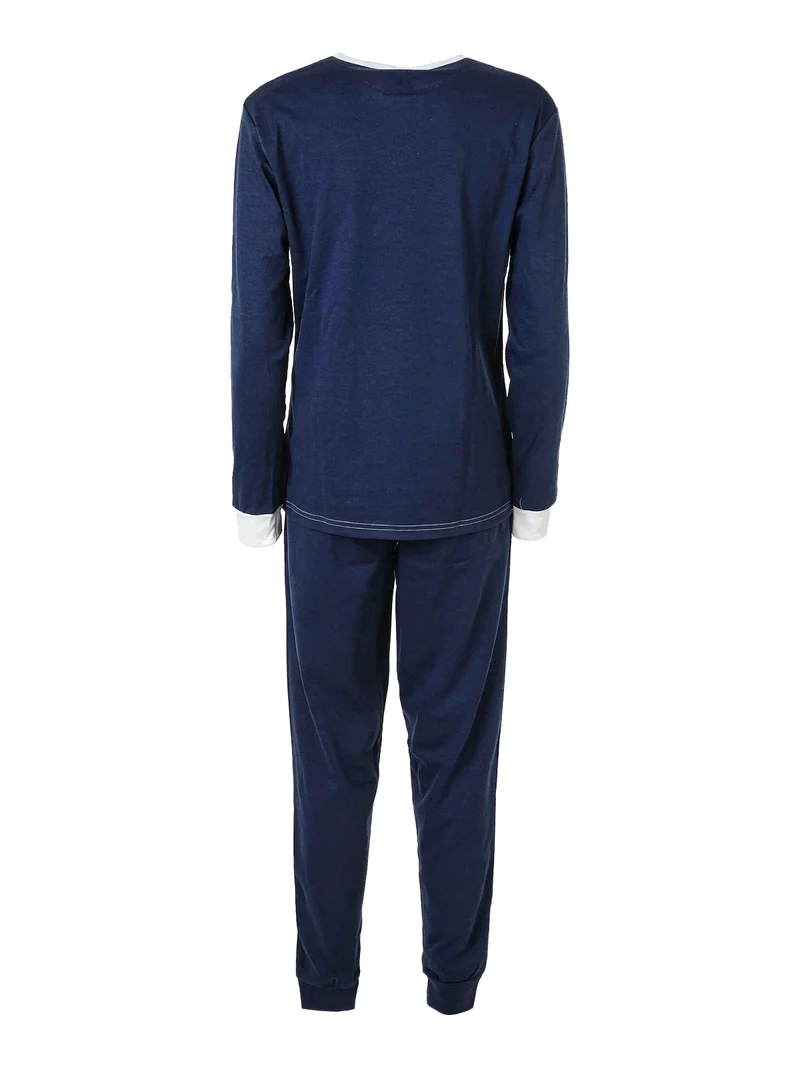 Pigiama lungo da donna in cotone con dettaglio di pizzo - blu scuro