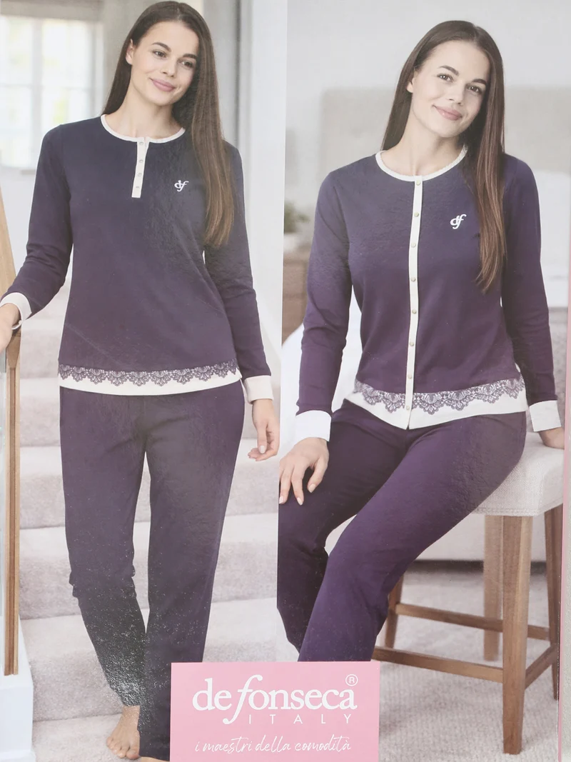Pigiama lungo da donna in cotone con dettaglio di pizzo - blu scuro