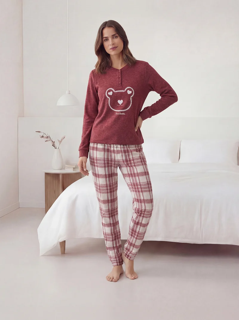 Pigiama invernale da donna in punto milano rasato con pantaloni a quadri - bordeaux