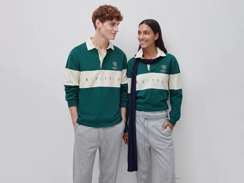 Dunkelgrünes Benetton Rugby-Poloshirt aus 100 % Baumwolle