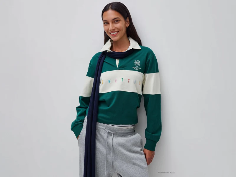 Dunkelgrünes Benetton Rugby-Poloshirt aus 100 % Baumwolle