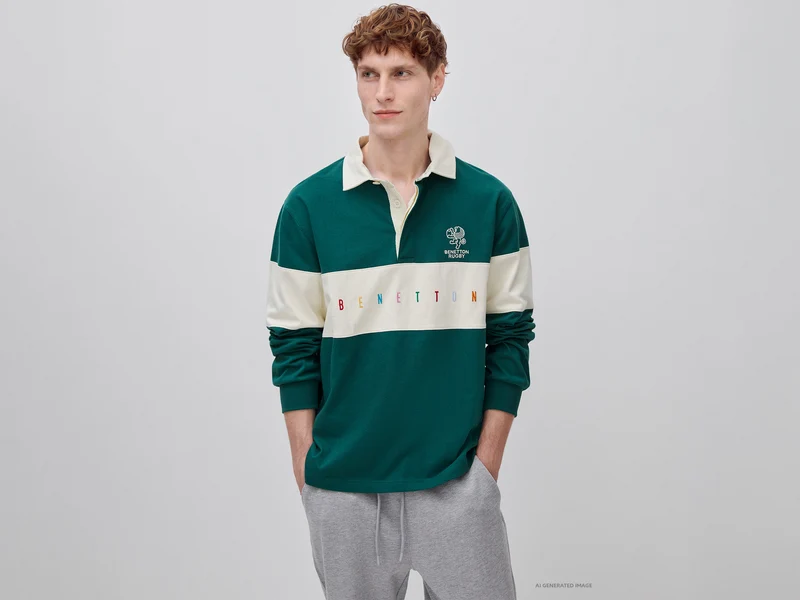 Dunkelgrünes Benetton Rugby-Poloshirt aus 100 % Baumwolle