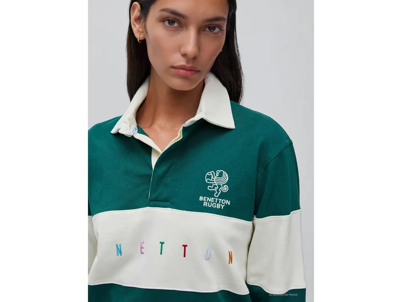 Dunkelgrünes Benetton Rugby-Poloshirt aus 100 % Baumwolle