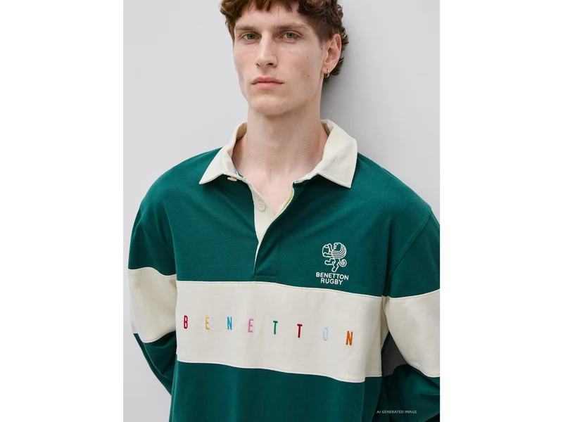 Dunkelgrünes Benetton Rugby-Poloshirt aus 100 % Baumwolle