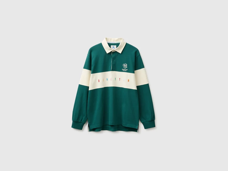 Dunkelgrünes Benetton Rugby-Poloshirt aus 100 % Baumwolle