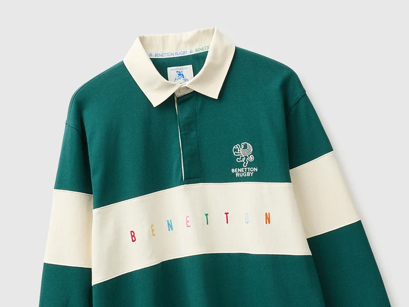 Dunkelgrünes Benetton Rugby-Poloshirt aus 100 % Baumwolle