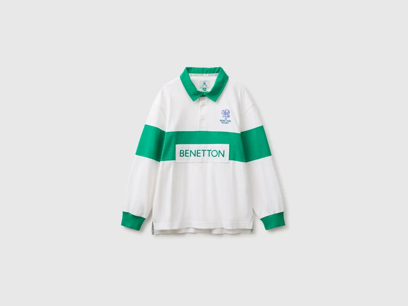 Benetton Rugby Poloshirt in Weiß und Grün aus Bio-Baumwolle