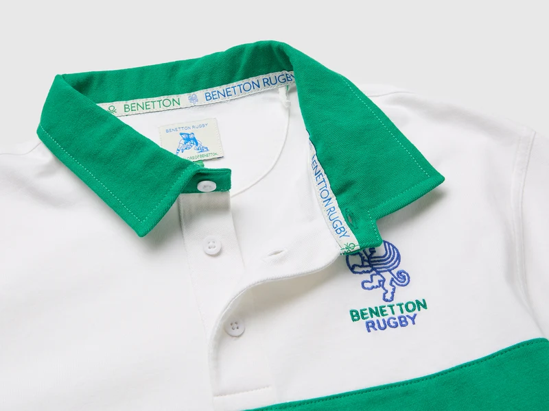 Benetton Rugby Poloshirt in Weiß und Grün aus Bio-Baumwolle
