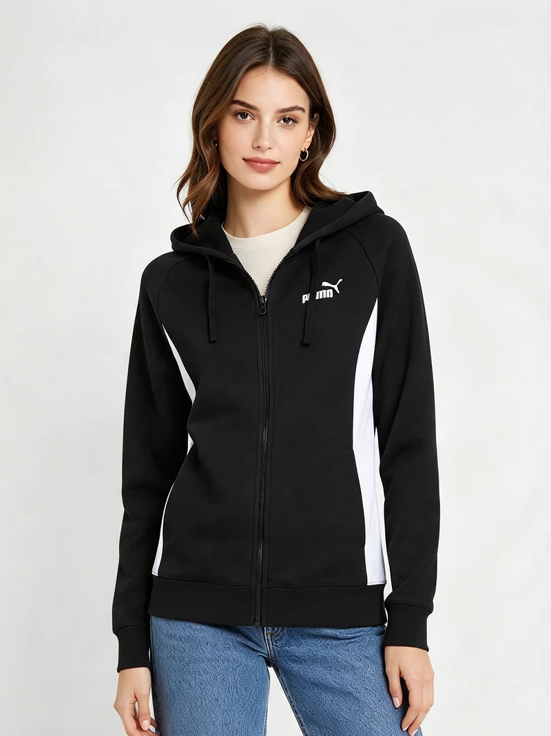 Felpa donna con cappuccio e zip a blocchi colore - nero