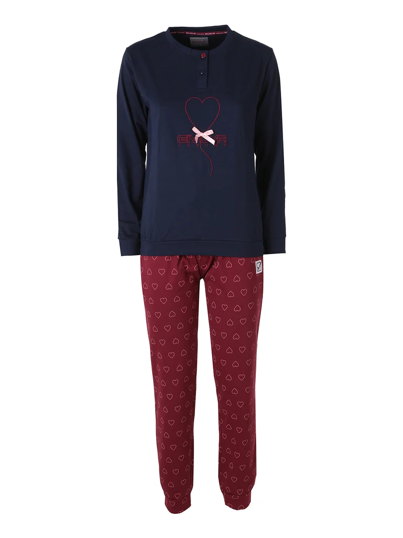 Pigiama lungo da donna in caldo cotone soft con stampa cuori - blu scuro