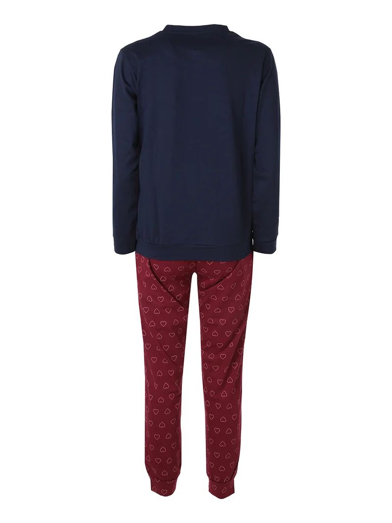 Pigiama lungo da donna in caldo cotone soft con stampa cuori - blu scuro