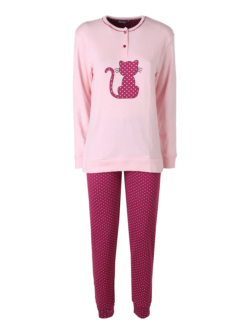 Pigiama donna in caldo cotone con stampa gatto e pantaloni a cuori - rosa