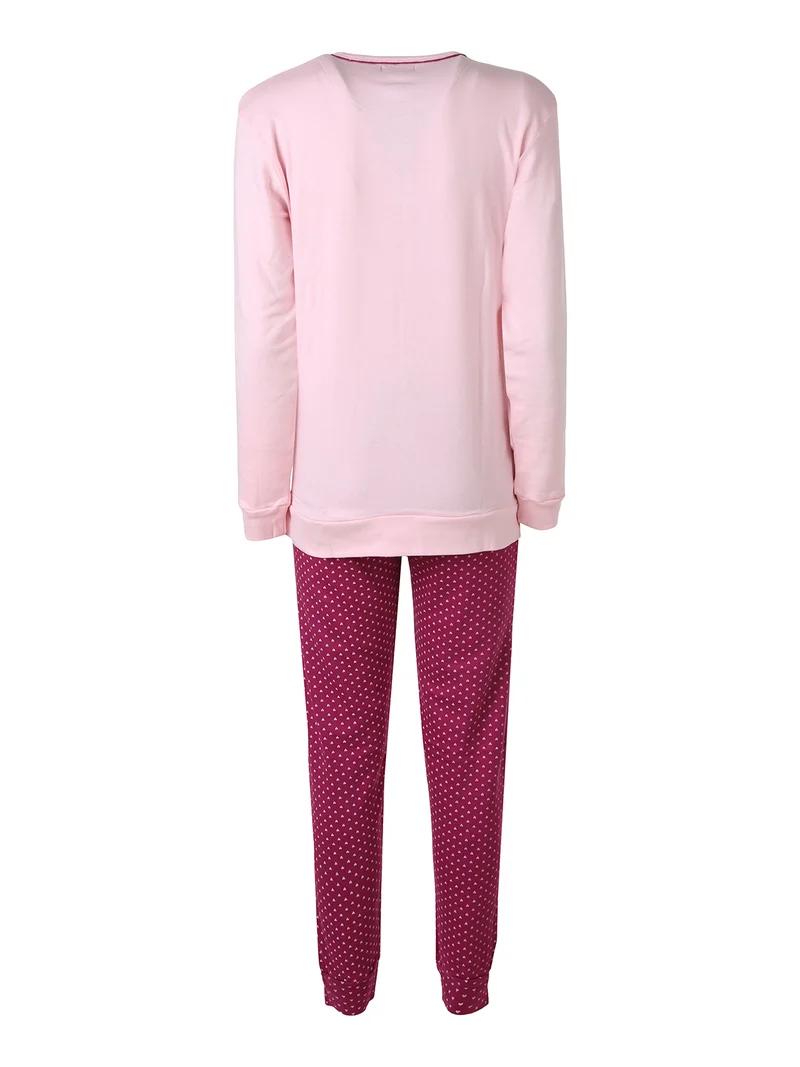 Pigiama donna in caldo cotone con stampa gatto e pantaloni a cuori - rosa