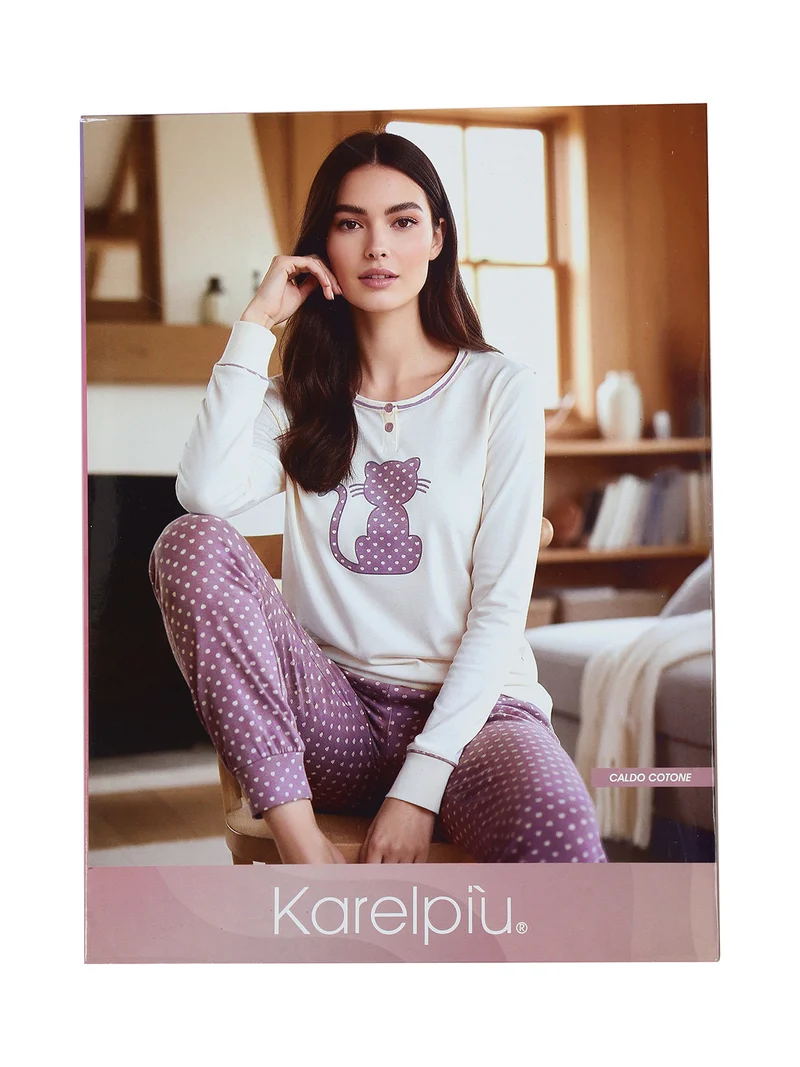 Pigiama donna in caldo cotone con stampa gatto e pantaloni a cuori - rosa