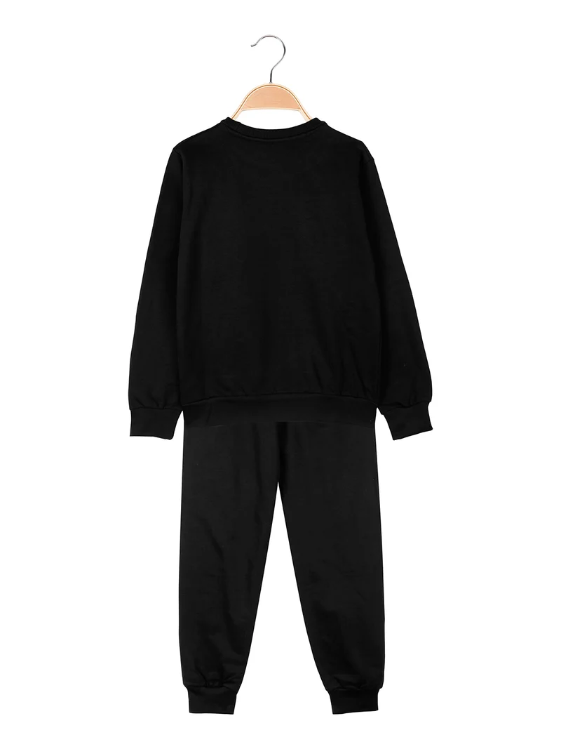 Completo tuta da ragazzo 2 pezzi con felpa girocollo e pantaloni con polsini - nero